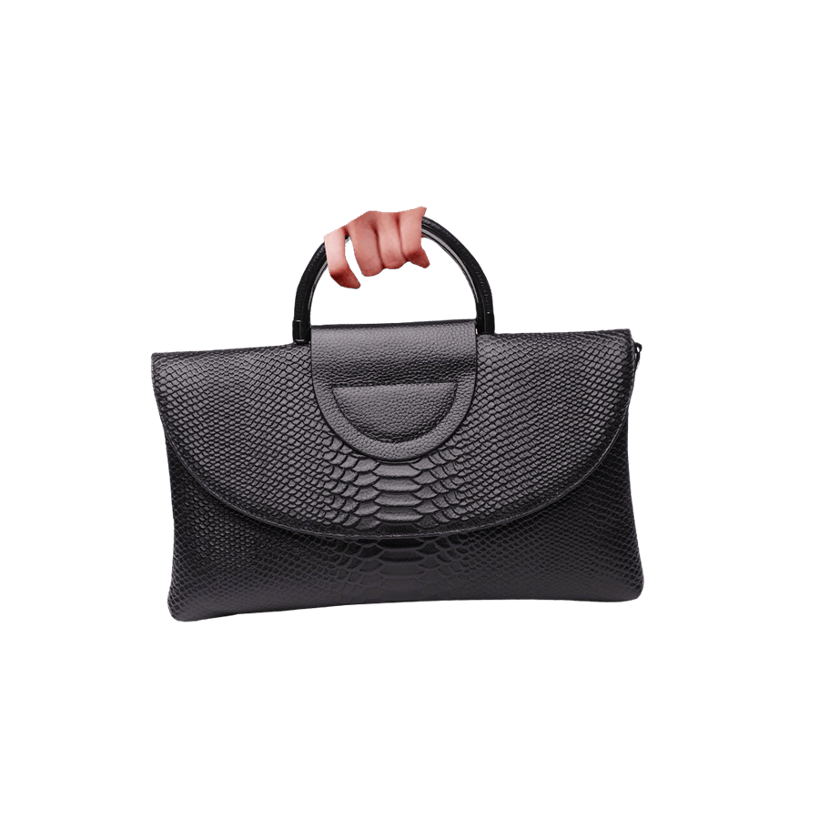 Black snake PU ladies handbag with metal handle and magnetic snap closure