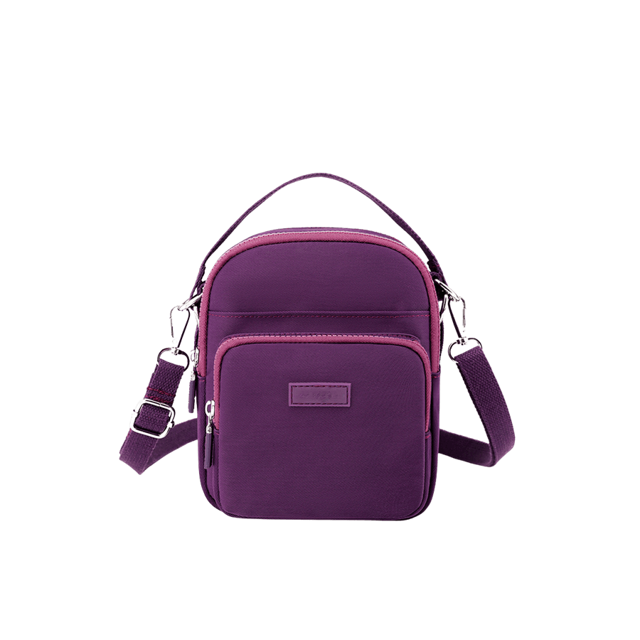 Purple nylon ladies crossbody bag with front zip pocket and PU patch
