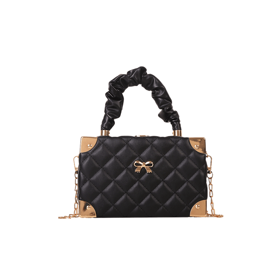 Black quilting ladies box shape handbag with metal corner and decorative bowknot