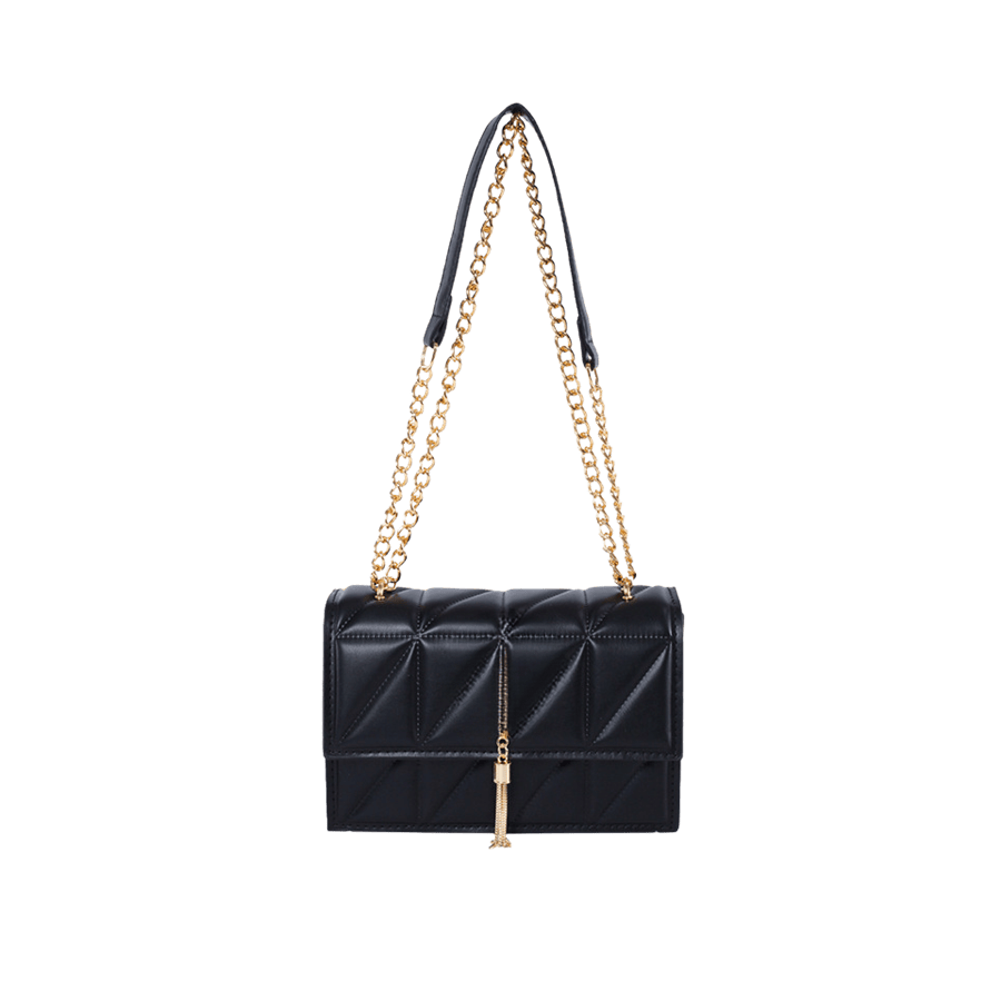 Black quilting ladies handbag with metal tassels and magnetic snap closure