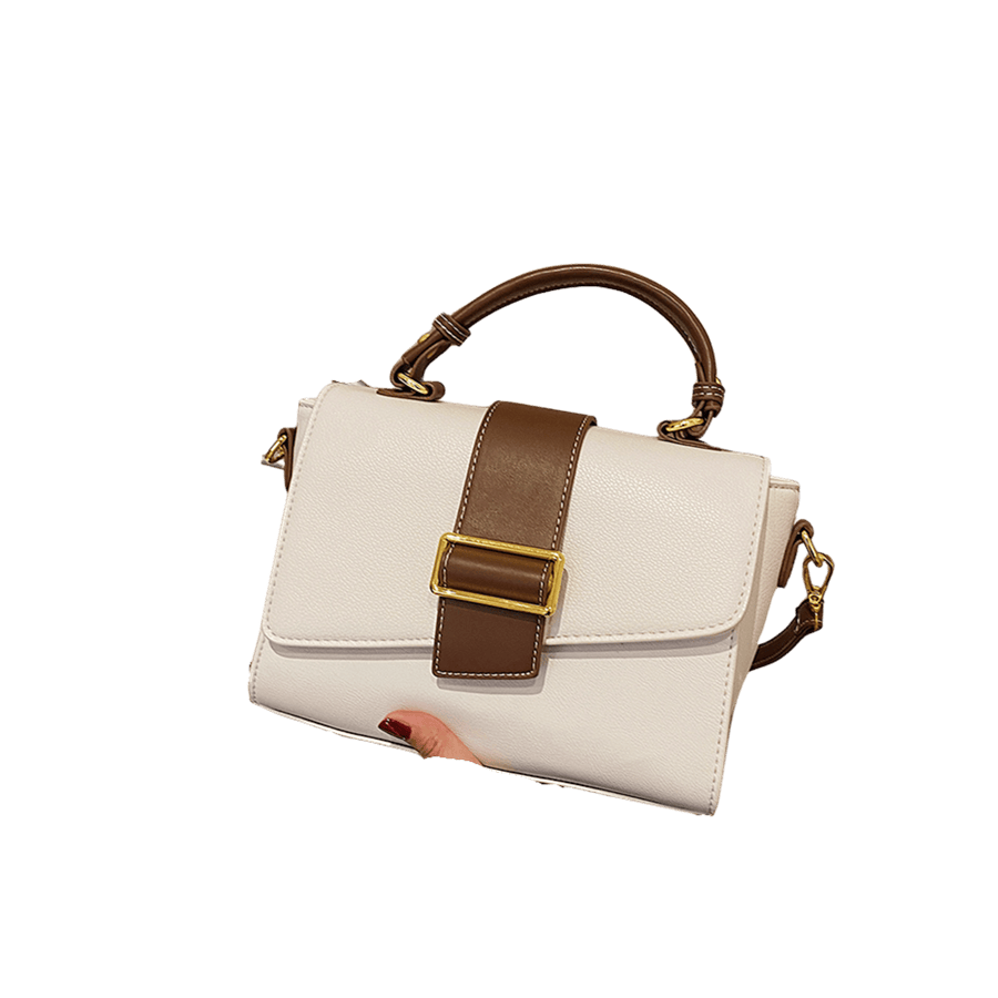 Beige ladies handbag with buckle on the flap and brown trim PU