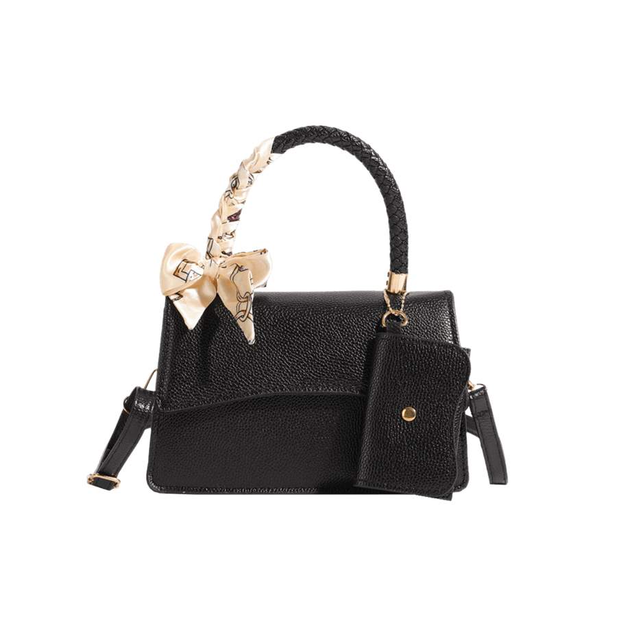 Black ladies handbag sets with decorative scarf and magnetic snap closure