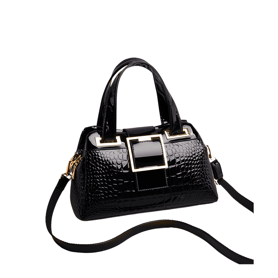 Black croco PU ladies handbag with big gold buckle and square eyelets