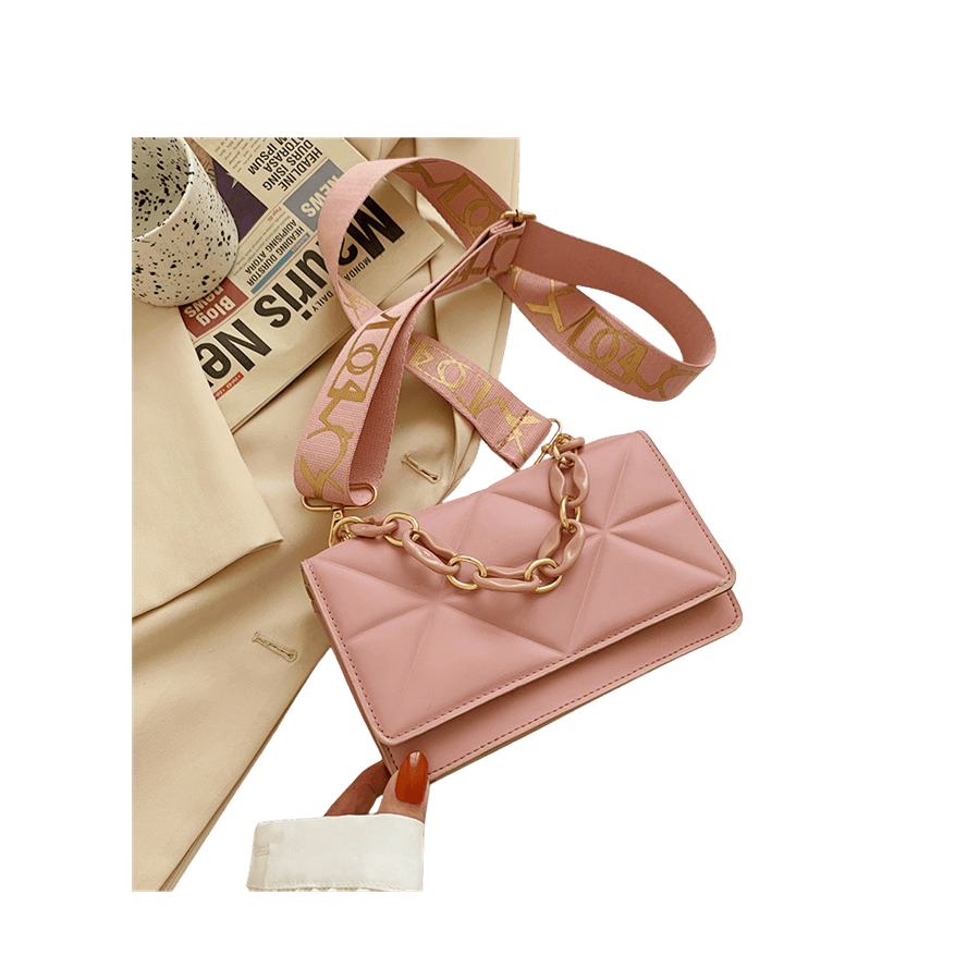 Pink quilting ladies crossbody bag with plastic handle and magnetic snap closure