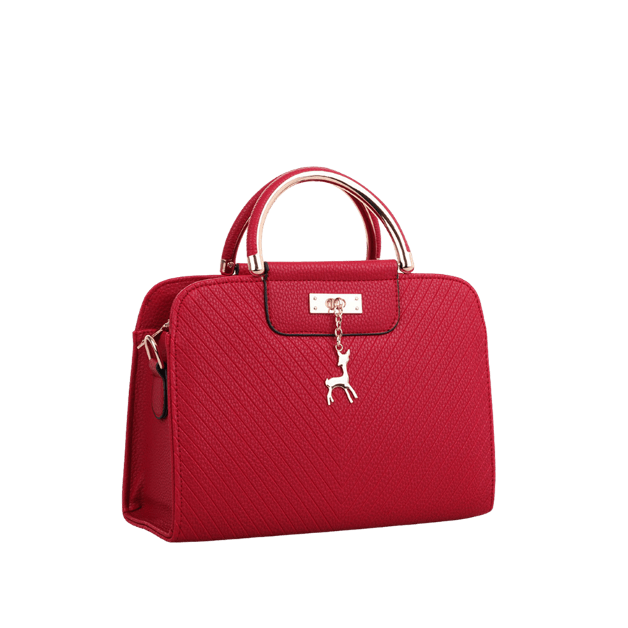Beige embossed ladies tote bag with metal handle and decorative hardware