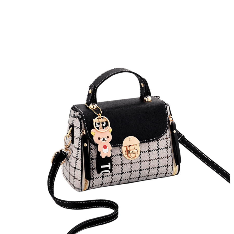 Check ladies handbag with rubber hangtag and lock closure