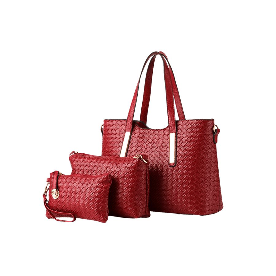 Red weave ladies handbag sets with metal tab and contrast edge painting