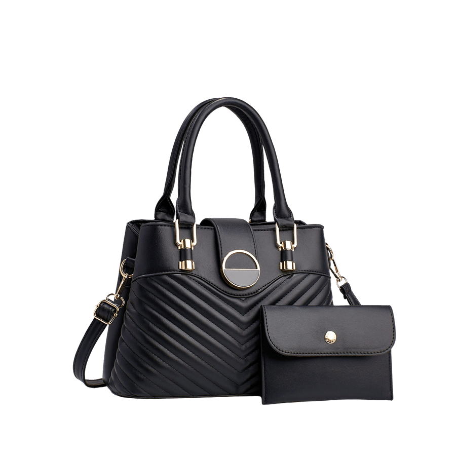 Black quilting ladies handbag sets with black enemal round hardware and metal tab of the handle