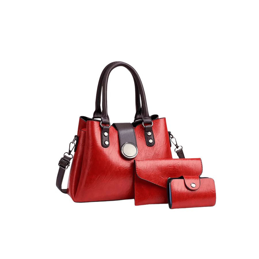 Red ladies handbag sets with round hardware on the small flap and decortive flat studs