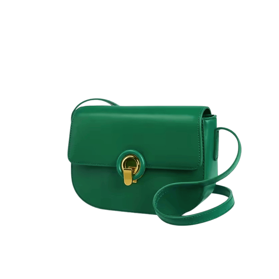 Green ladies crossbody bag with plastich and metal lock closure