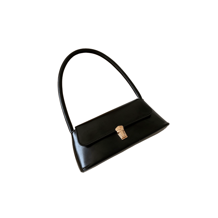 Black ladies handbag with lock closure under the flap