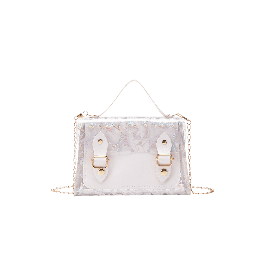 Transparent ladies handbag with straps on the front and magnetic snap closure