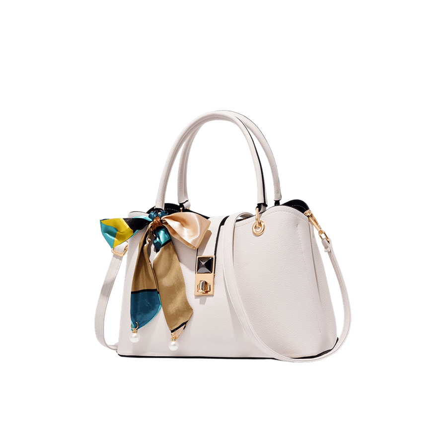 Beige ladies handbag with scarf and lock closure