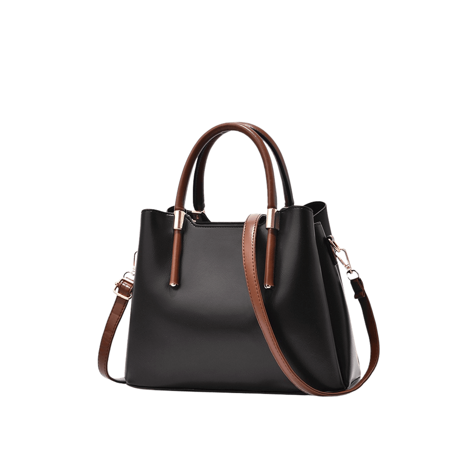 Black ladies handbag with metal tubular on the handle and brown trim PU