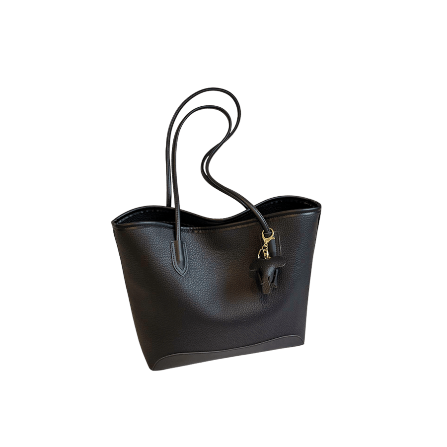 Black ladies tote with detachable PU hangtag and black trim PU