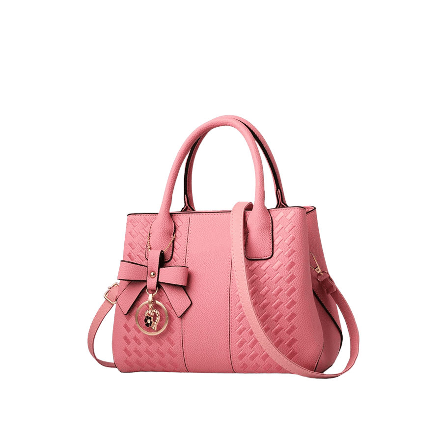 Pink weave ladies handbag with detachable bowknot hangtag and contrast edge painting
