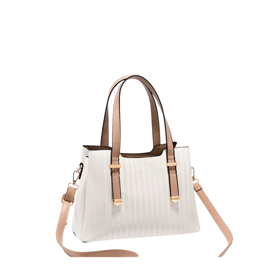 White ladies tote with camel trim PU and contrast edge painting