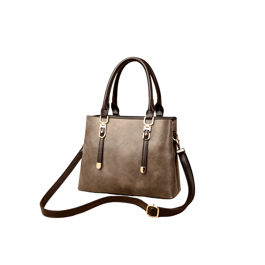 Khaki ladies tote with brown trim PU and metal tab of the handle