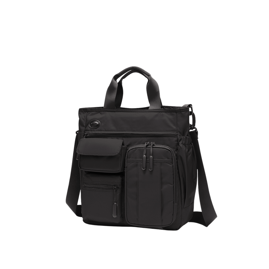 Black nylon tote with front and side pockets