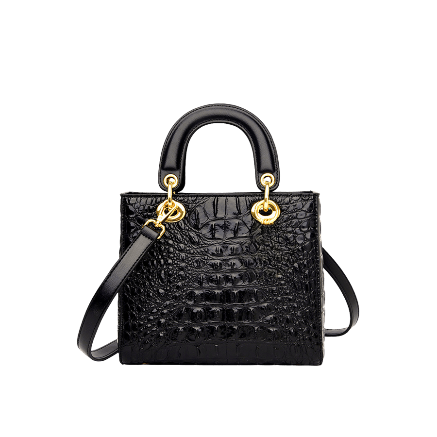 Black ostrich PU ladies mini tote with metal eyelets on the handle