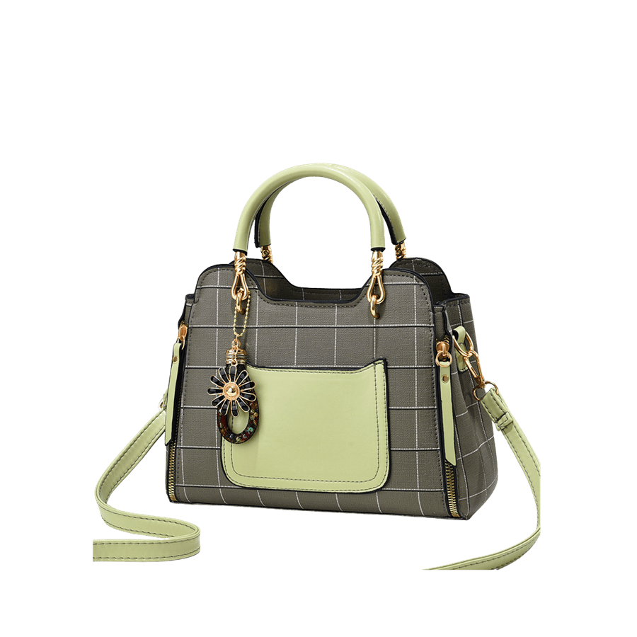 Grey check print ladies handbag with green trim PU and detachable hangtag