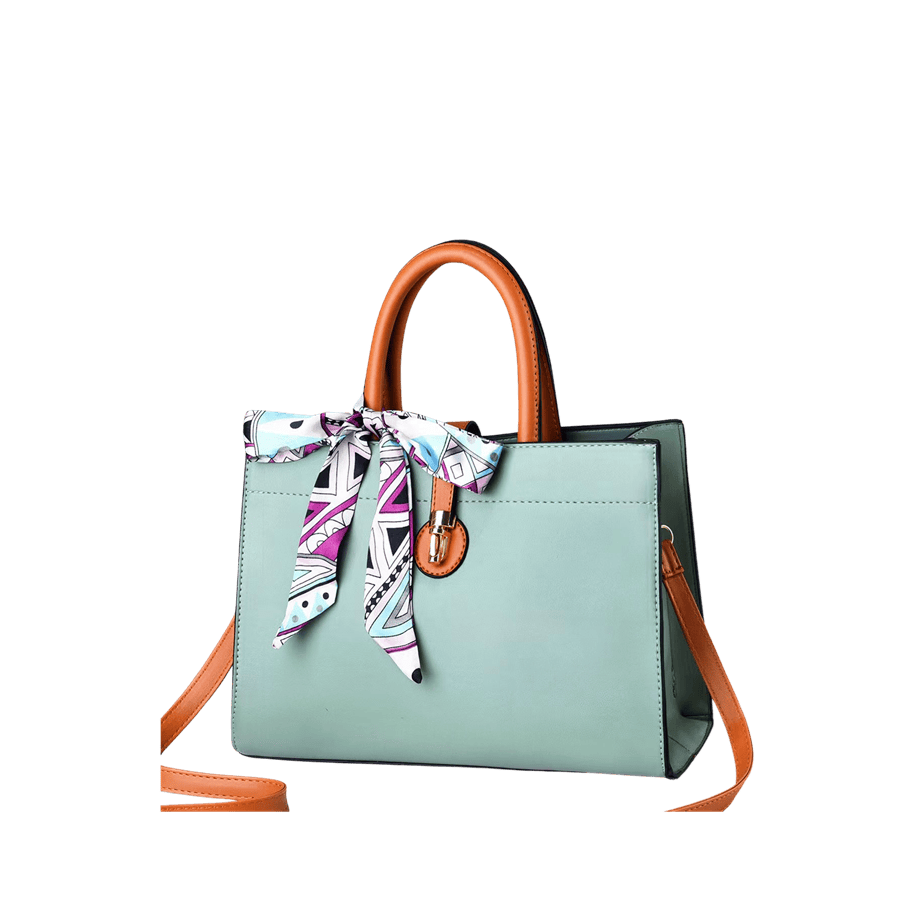 Blue ladies tote with decorative scarf and orange trim PU