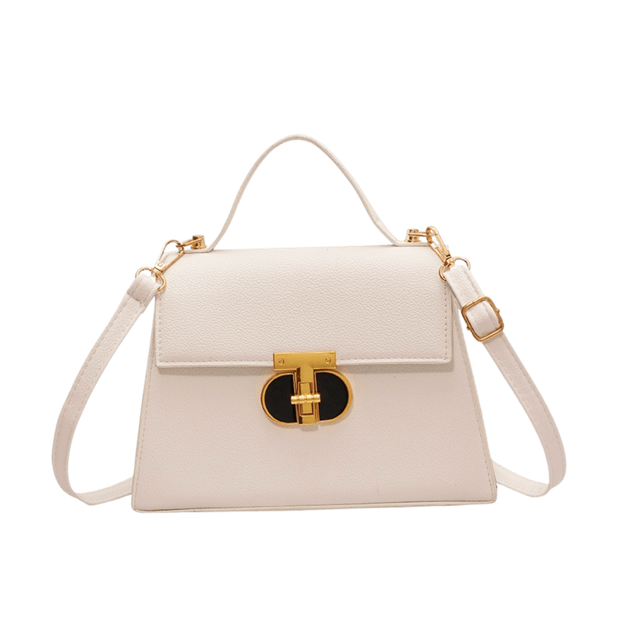 Beige ladies handbag with black enemal lock closure