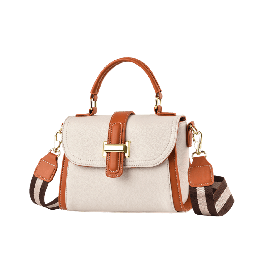 Beige ladies handbag with stripe webbing shoulder strap and orange trim PU