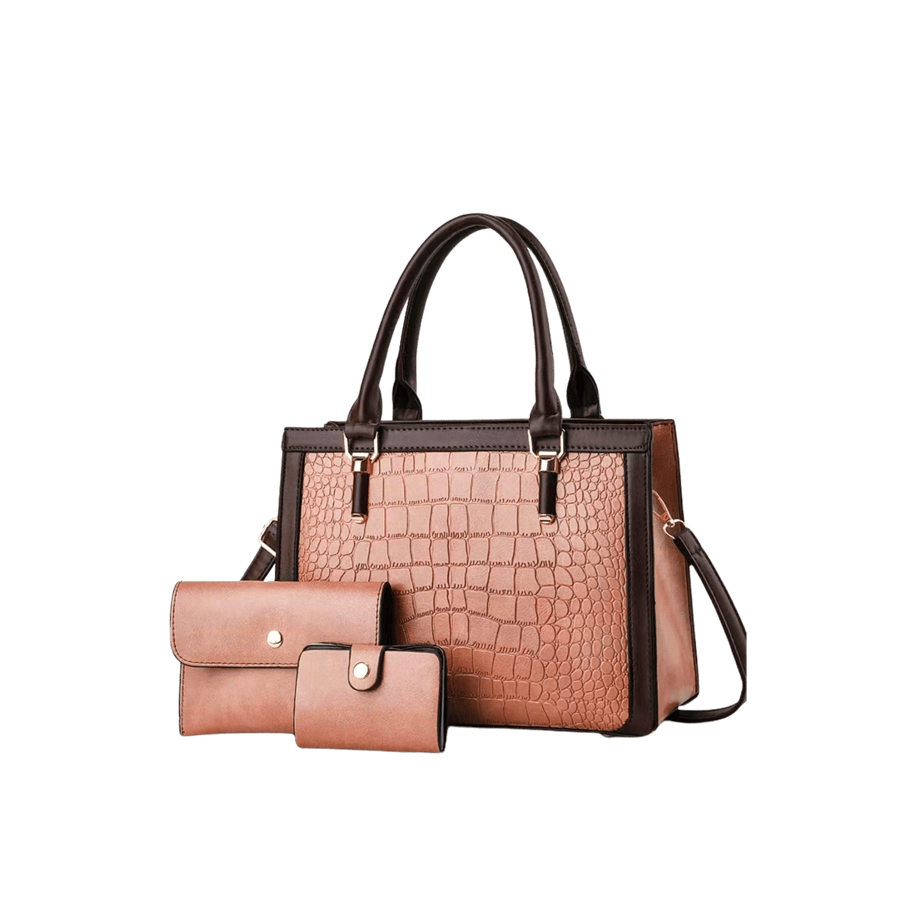 Camel croco PU ladies tote sets with brown trim PU and metal tab