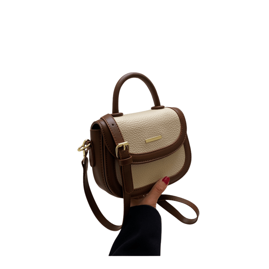 Brown ladies handbag with beige trim PU and decorative metal plate