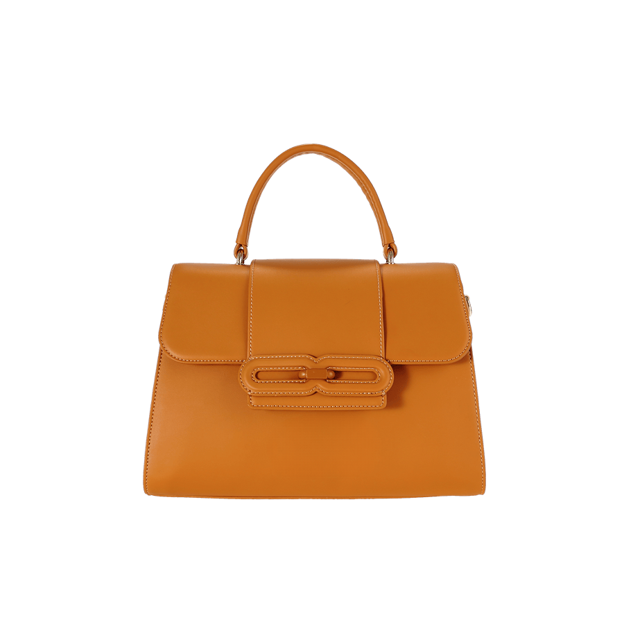 Orange ladies handbag with decorative PU overlay on the flap and magnetic snap closure