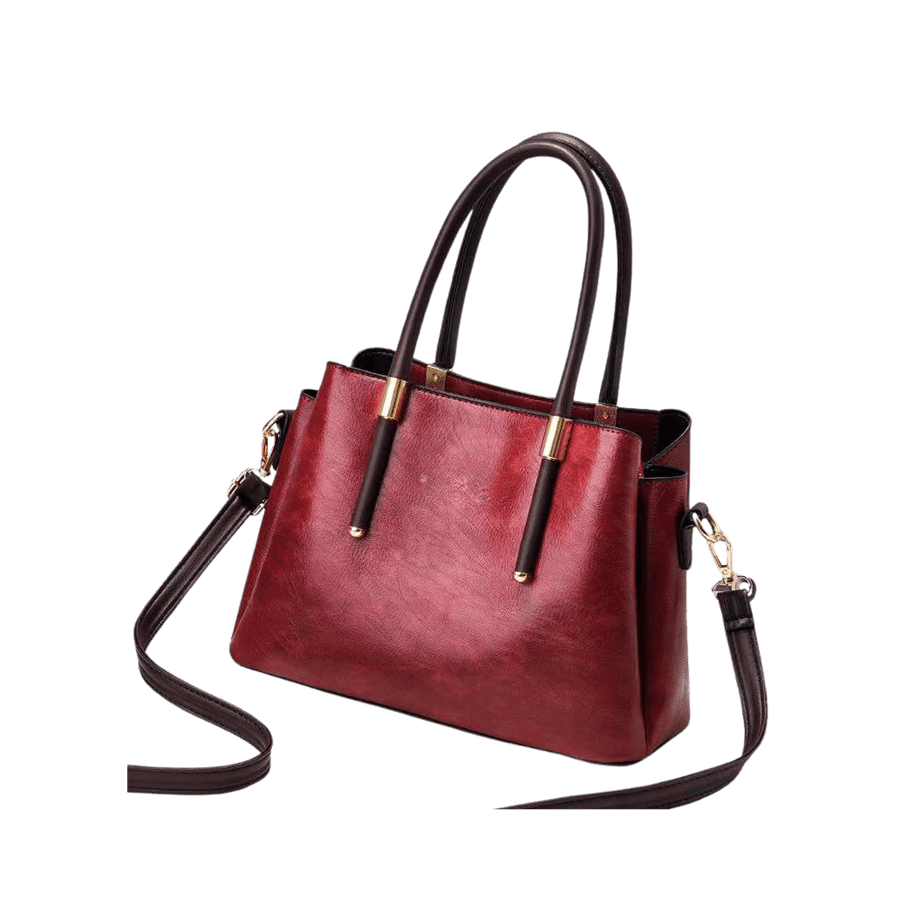 Burgundy ladies handbag with brown trim PU and metal bar on the handle