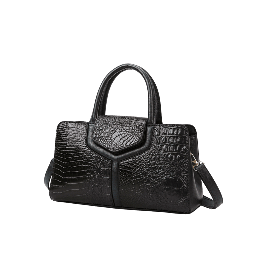 Black croco PU ladies handbag with magnetic snap closure and black trim PU