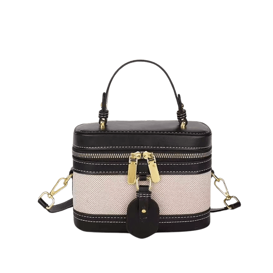 Beige canvas ladies cosmetic bag with black trim PU and PU hangtag