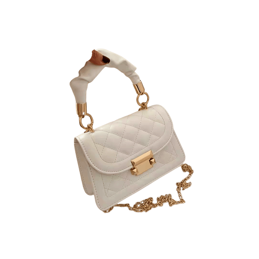 Beige ladies quilting handbag with plicated handle and lock closure