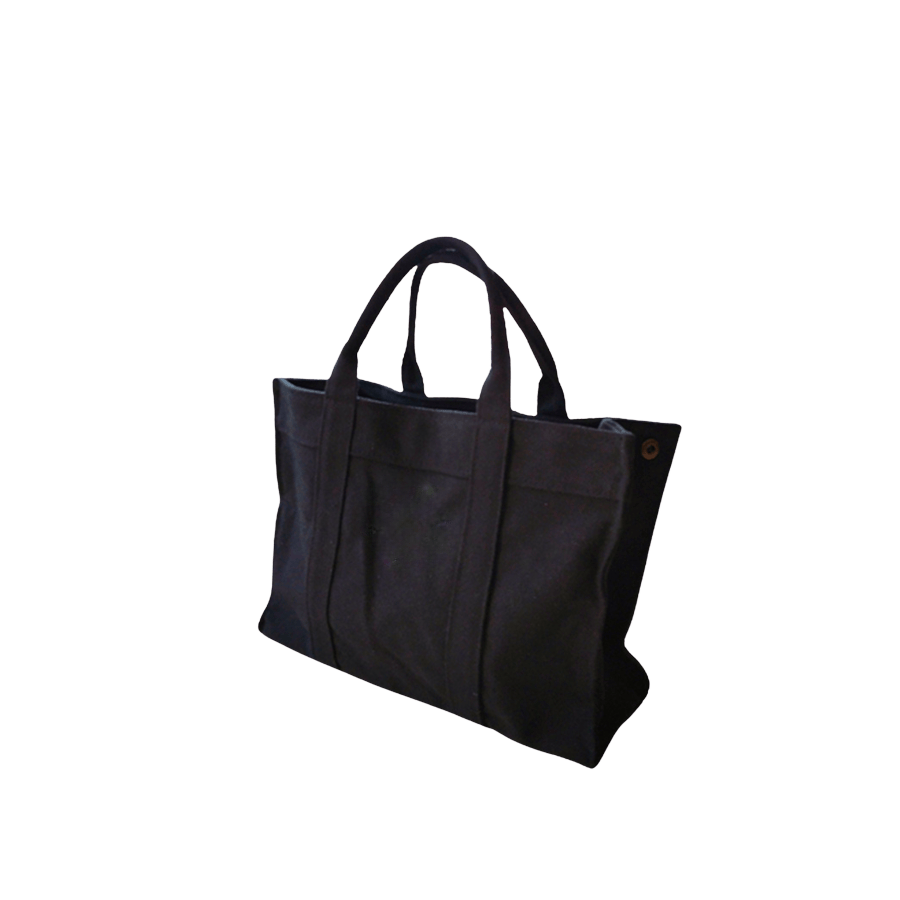 Black canvas tote bag with top zip closure