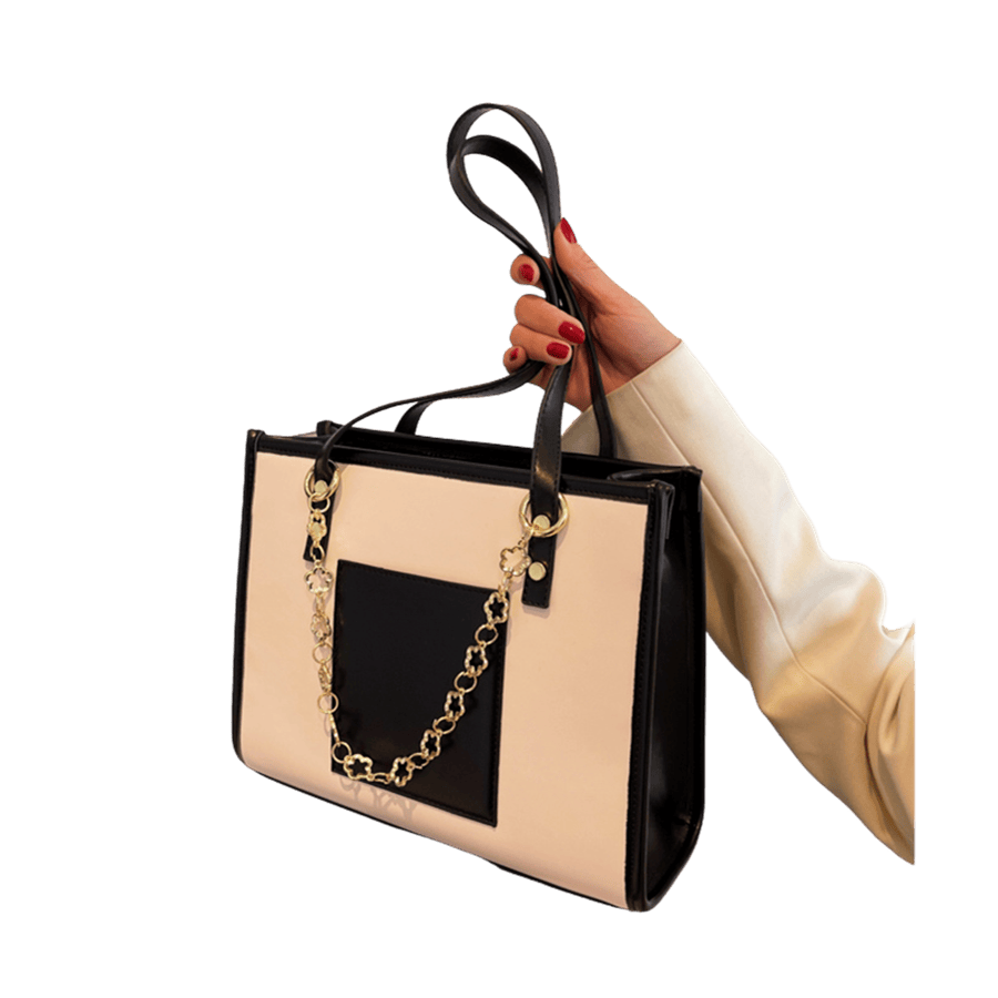 Beige ladies tote bag with black trim PU and decorative chain