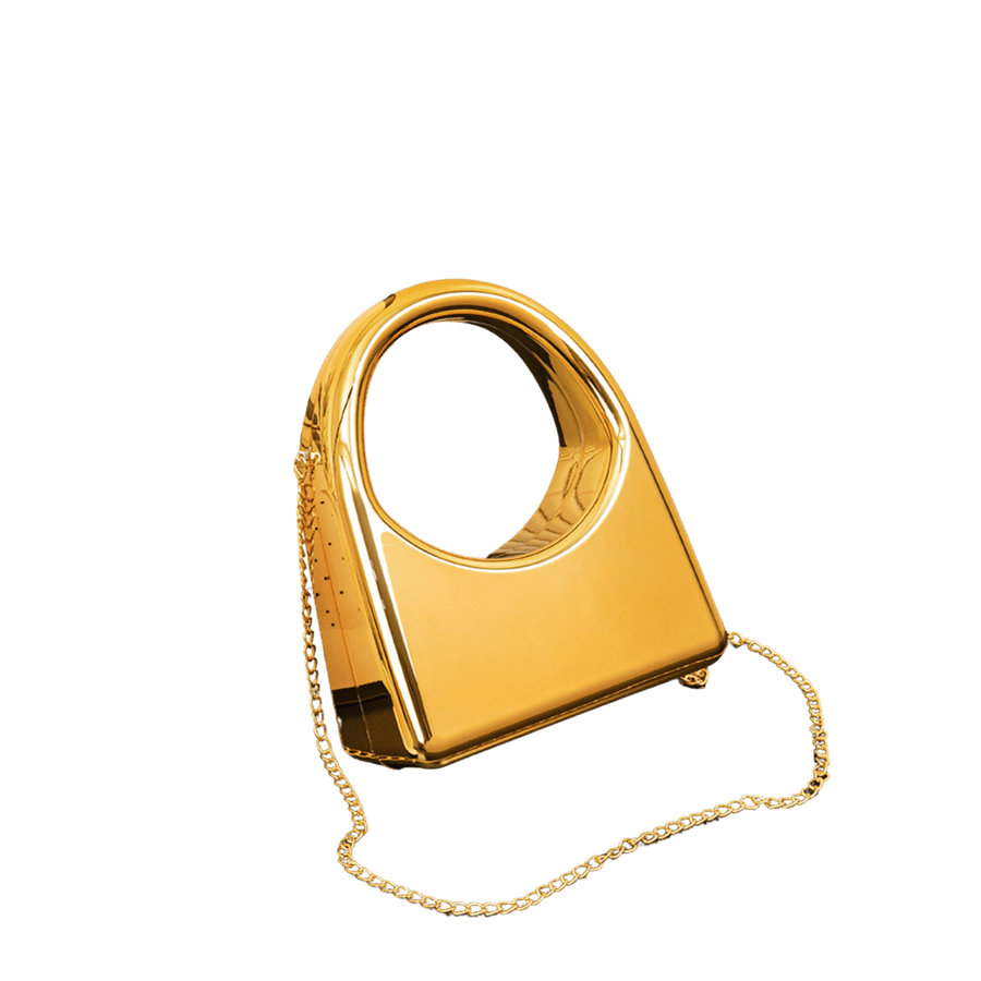 Gold acrylic structured ladies handbag with metal frame for closure