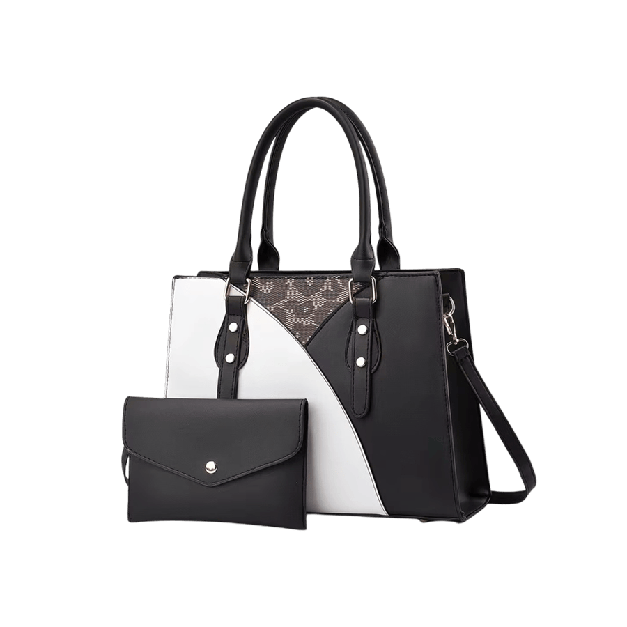 Black splicing PU ladies handabag sets with decorative flat studs