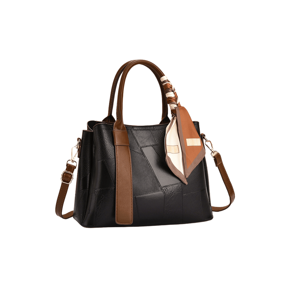 Black splicing ladies tote with scarf and brown trim PU