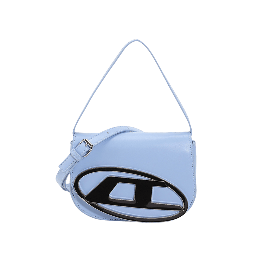 Blue ladies handbag with decorative hardware on the flap with magnetic snap closure