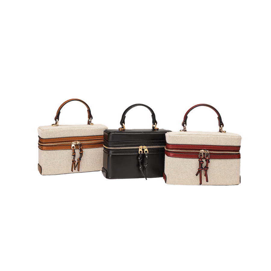 Black ladies cosmetic bag with trim PU and double zip puller