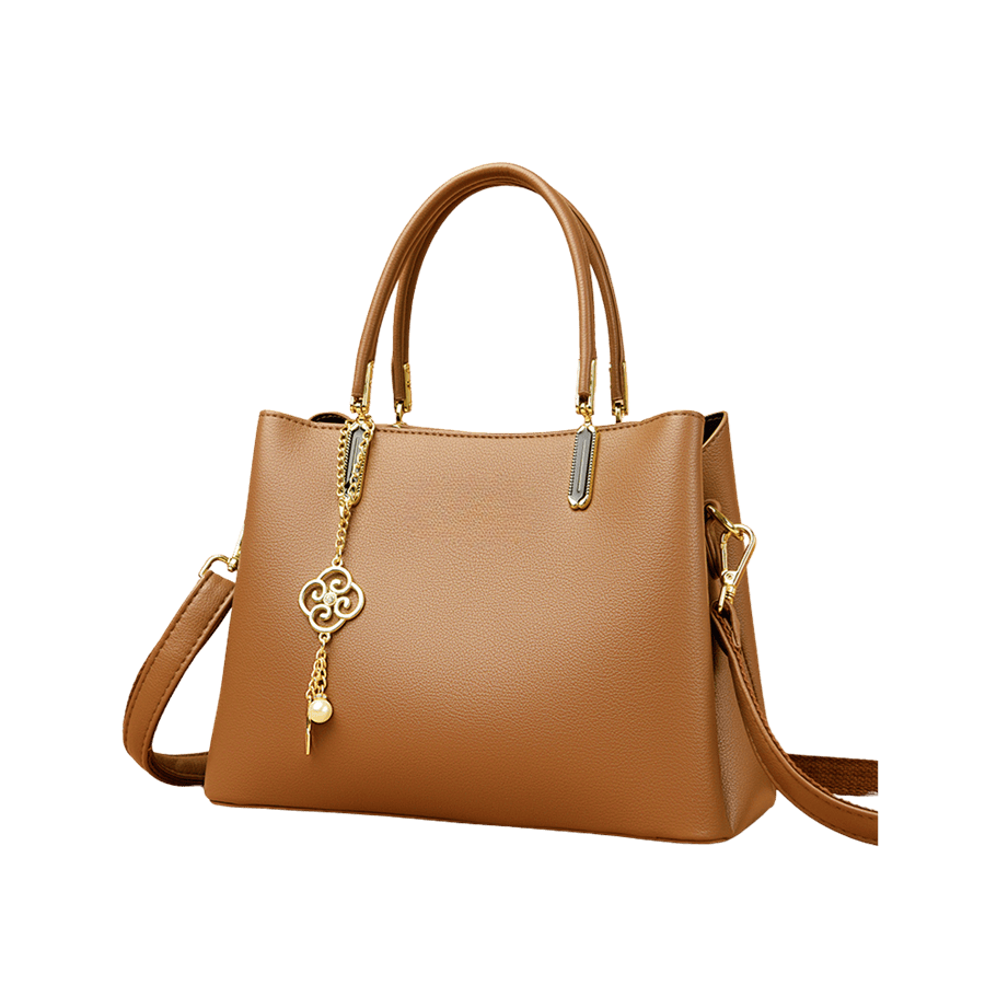 Camel ladies handbag with metal tab of handle and detachable hangtag