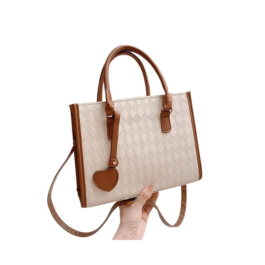 Beige embossed ladies tote with brown trim PU and detachable PU hangtag