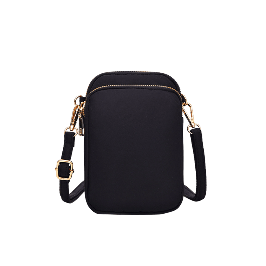 Black nylon crossbody bag with front zipper pocket