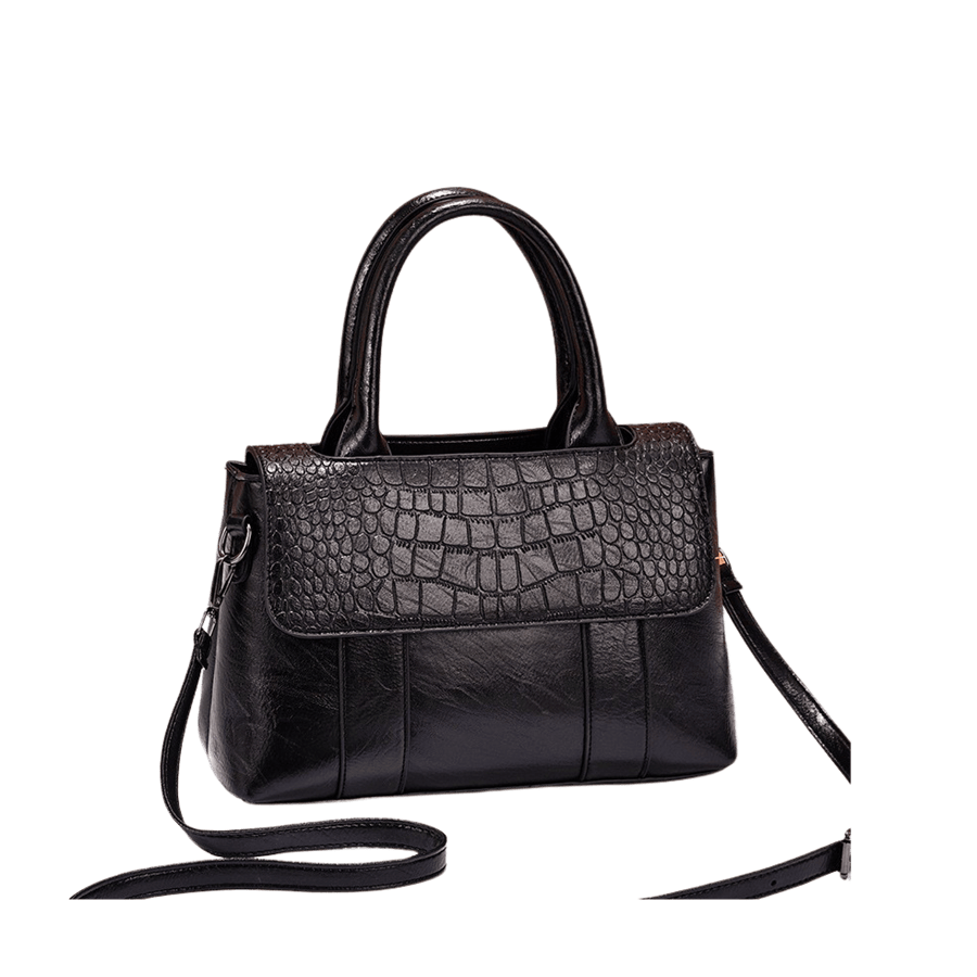Black ladies tote bag with decorative croco trim PU flap