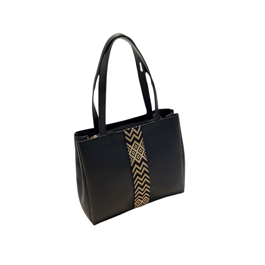 Black ladies tote with jacquard webbing in the middle