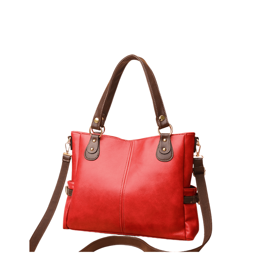 Red ladies handbag with brown trim PU and studs on the handle