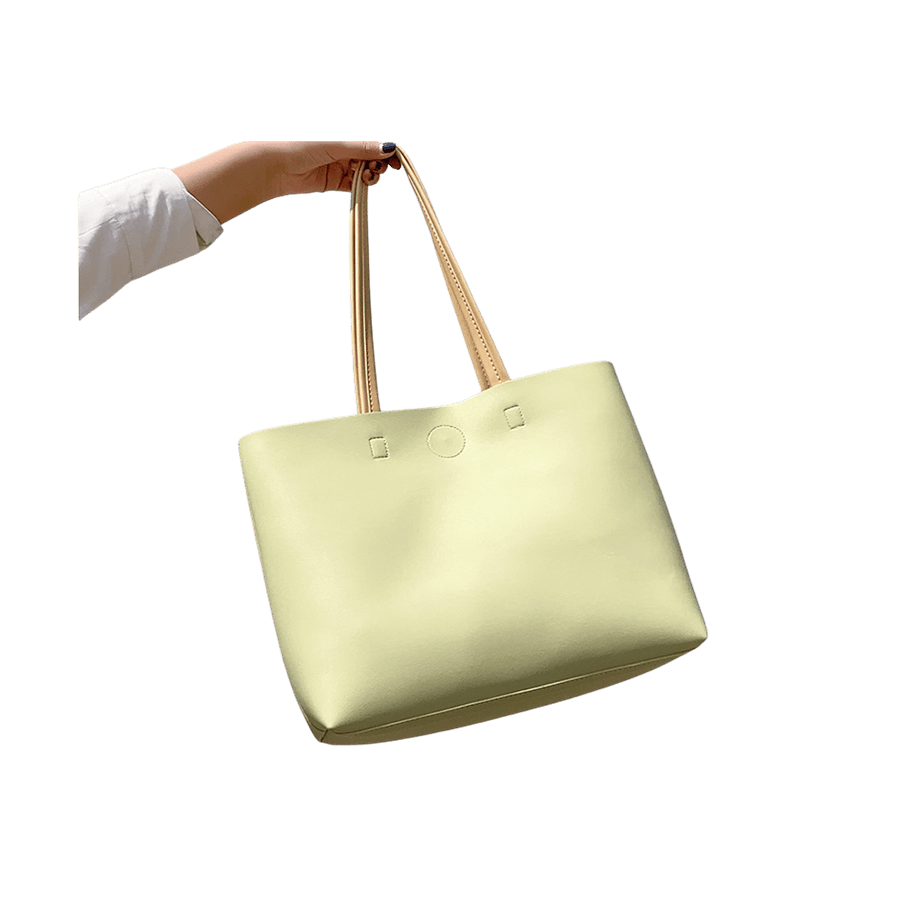 Green ladies tote with camel trim PU and magnetic snap closure