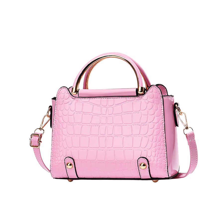 Pink croco PU ladies handbag with metal handle and bottom feets